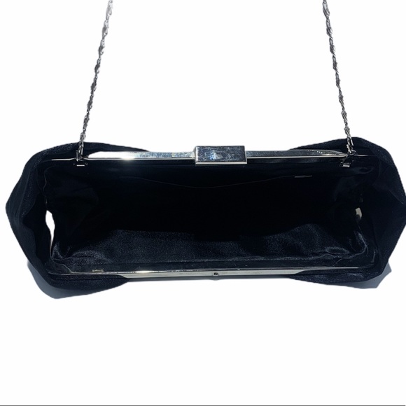 Black Satin Evening Clutch Bag with Thin Silvertone Shoulder Chain Strap - Picture 6 of 7